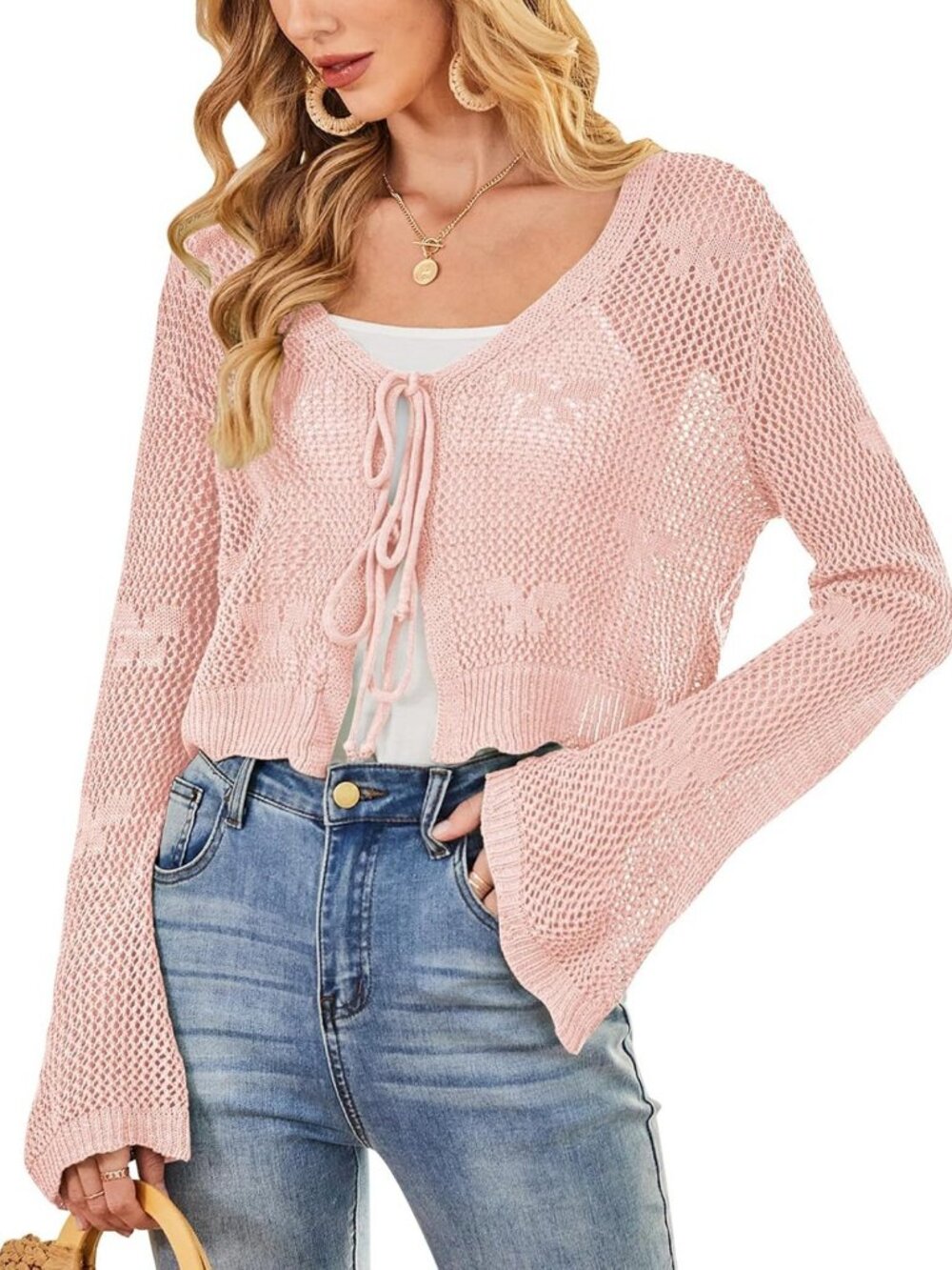 Chic Women's Crochet Cardigan, Tie Front, Bell Sleeve, Open Knit Sweater